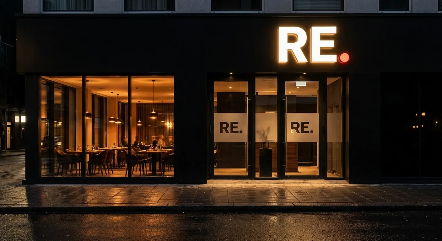 The RE. storefront on W T. Harris Blvd, lit up at night
